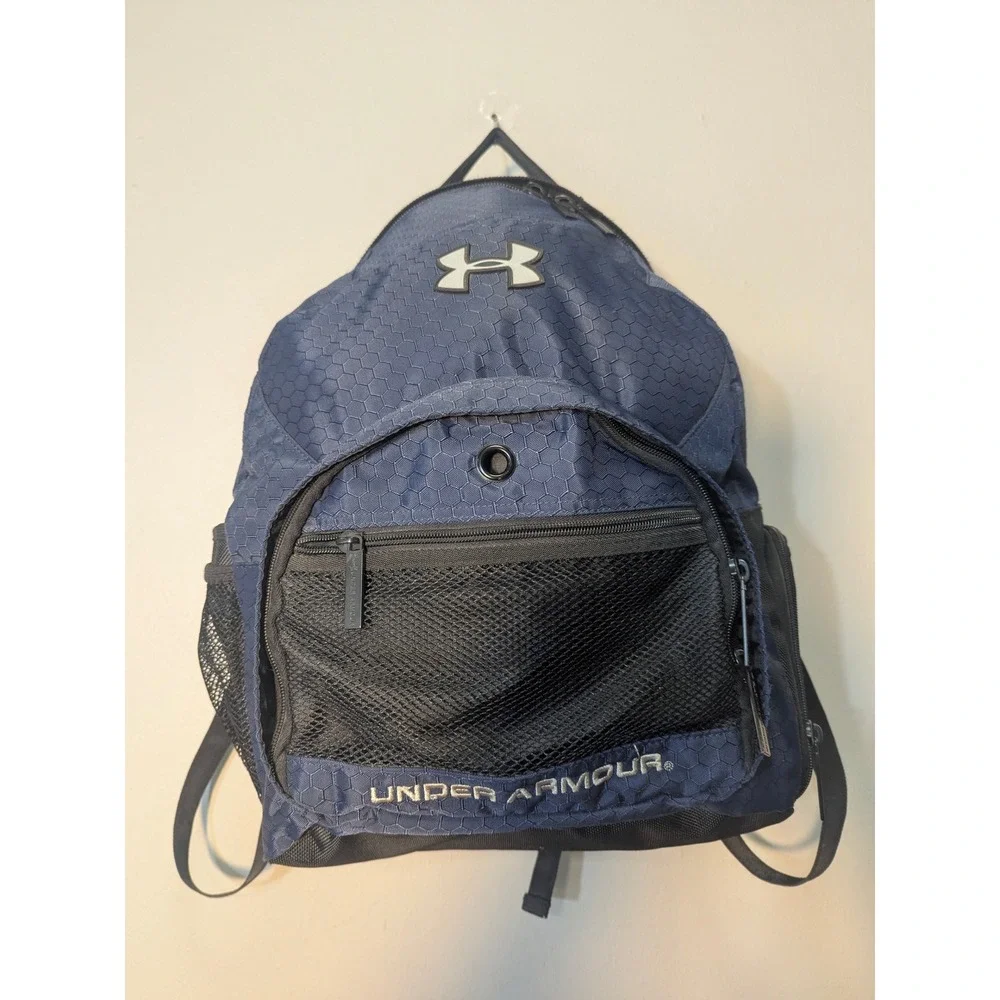 Y2K Under Armour Backpack Navy Blue Black Mesh Pocket School Gym Compact